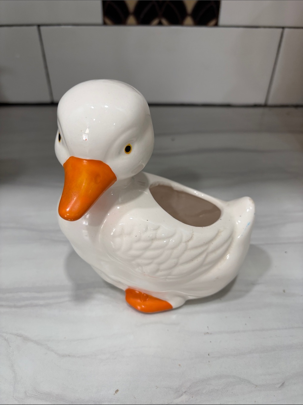 White Ceramic Duck Planter with Orange Beak and Feet